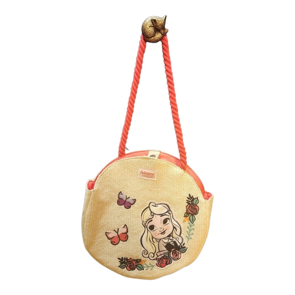 Disney Sleeping Beauty Aurora Tote Bag Faux Raffia Outer Pink Lining Rope Handle